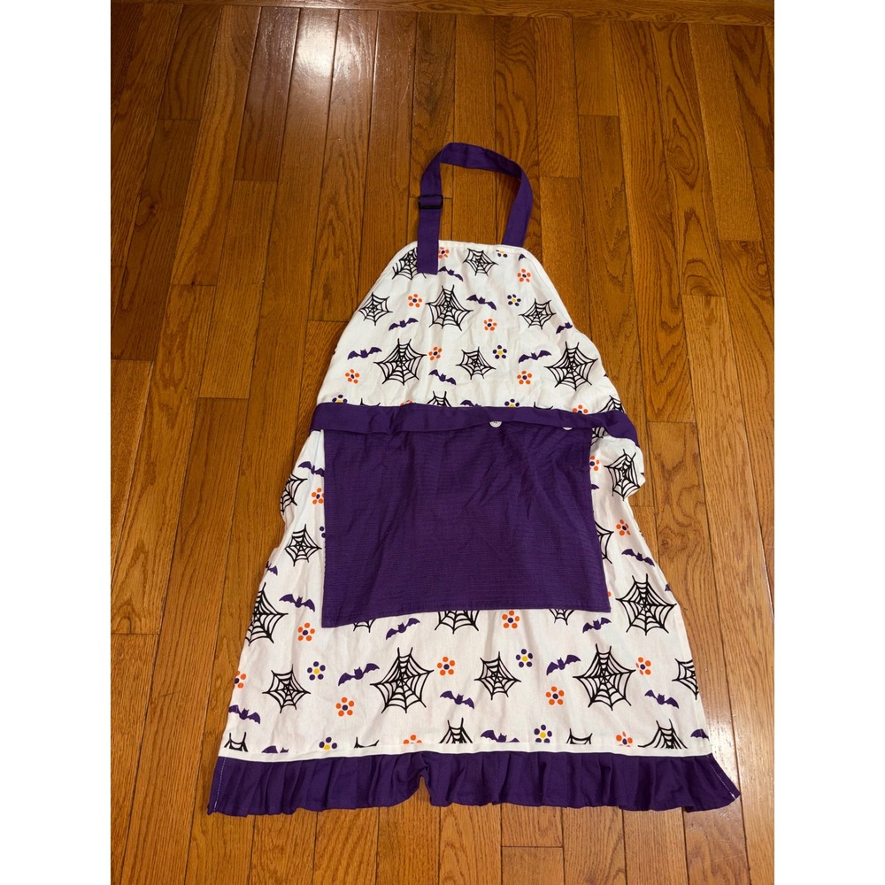MuKitchen Halloween Apron Purple Ruffle Spiderweb Bat Print Adjustable Bib